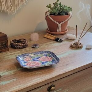 Beautiful Vintage Pink Floral Trinket Dish with Blue Accents – Made in Japan